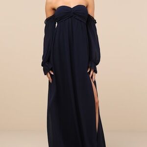 Lulus Glorious Invite Navy Blue Knotted Off-the-shoulder Maxi Dress - Size XS